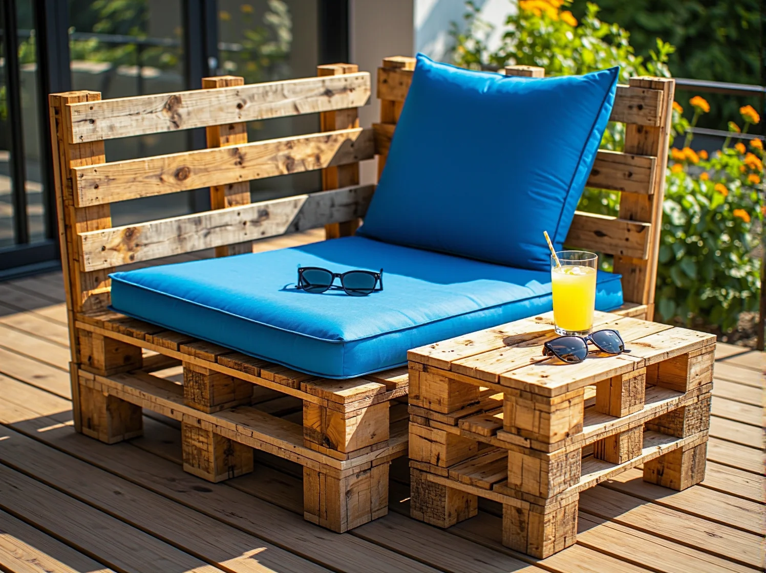 Biały stolik kawowy z europalet na kółkach w ogrodzie