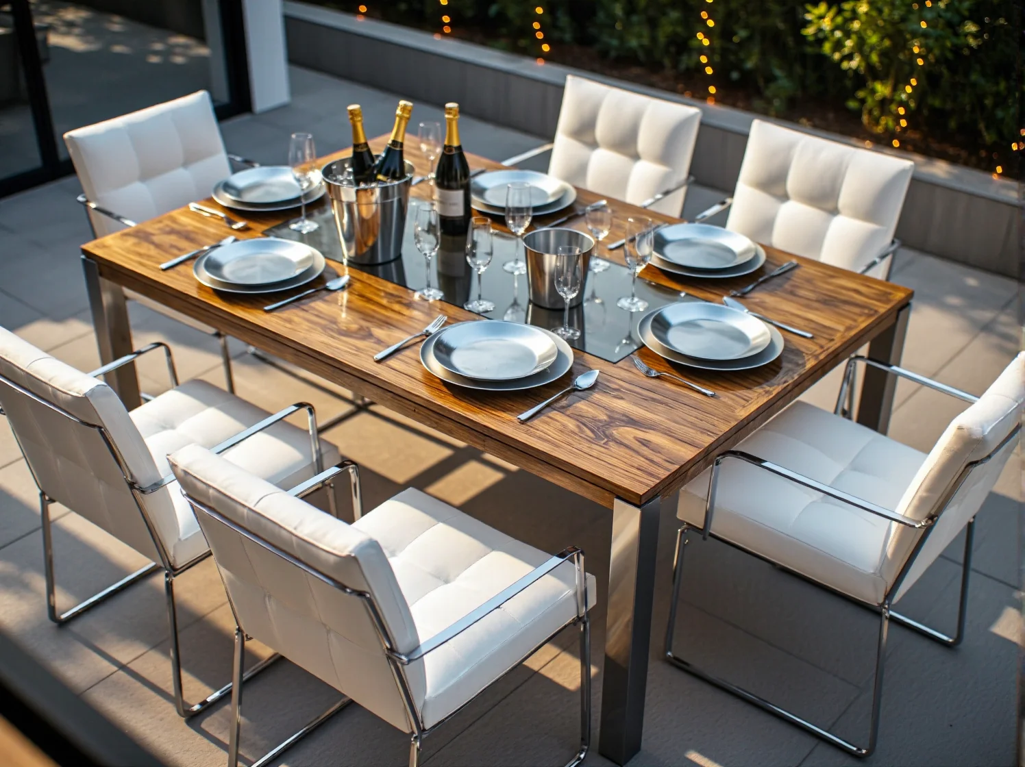 Szklany stolik kawowy i kryształowe oświetlenie w ogrodowej aranżacji glamour