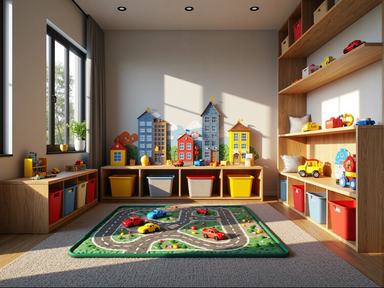 Jasna aranżacja strefy zabawy optycznie powiększająca małe mieszkanie.