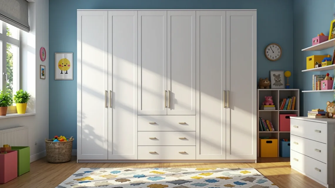 Biała szafa dziecięca czterodrzwiowa z trzema szufladami