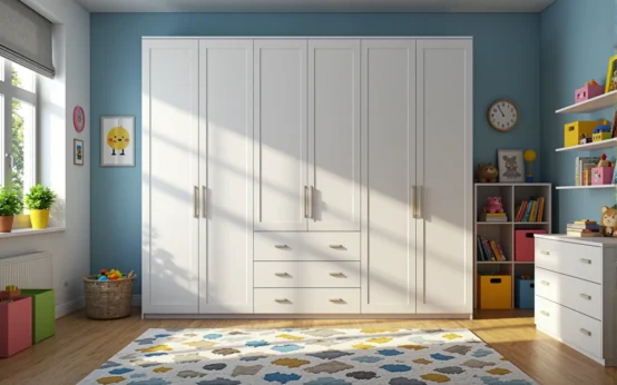 Biała szafa dziecięca czterodrzwiowa z trzema szufladami