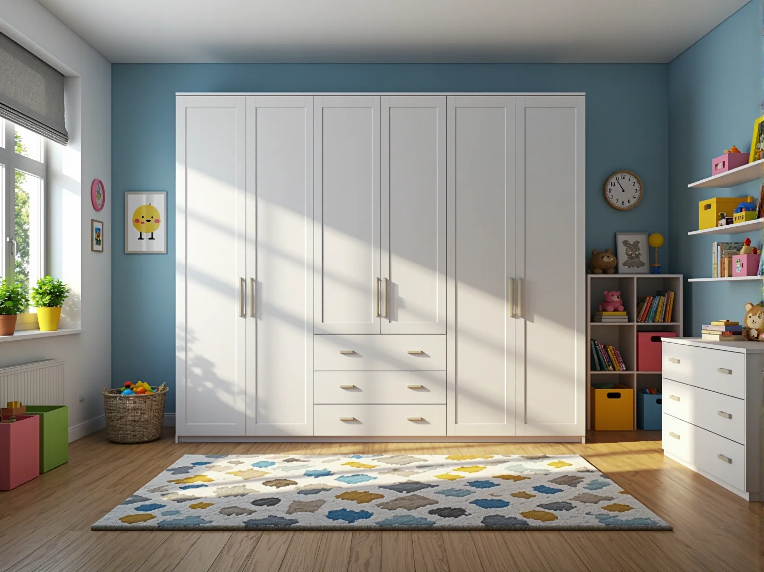 Biała szafa dziecięca czterodrzwiowa z trzema szufladami