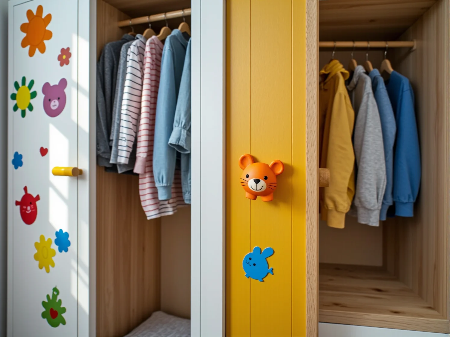 Biała szafa modułowa dla dziecka z regulowanymi półkami dostosowana do wzrostu malucha.