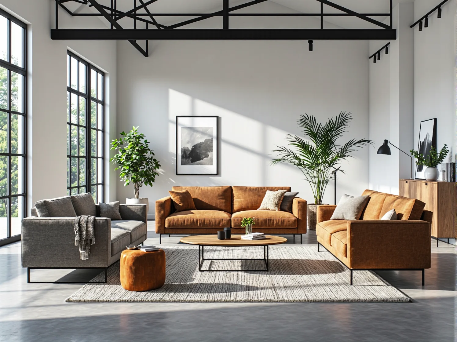 Szary komplet wypoczynkowy loft na metalowych nogach