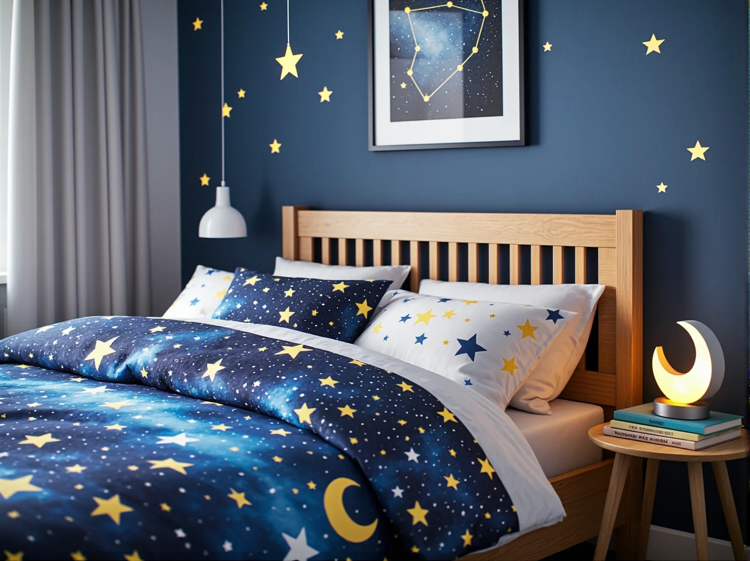 Tapeta w gwiazdy w sypialni malucha, kosmiczna aranżacja ściany nad łóżkiem