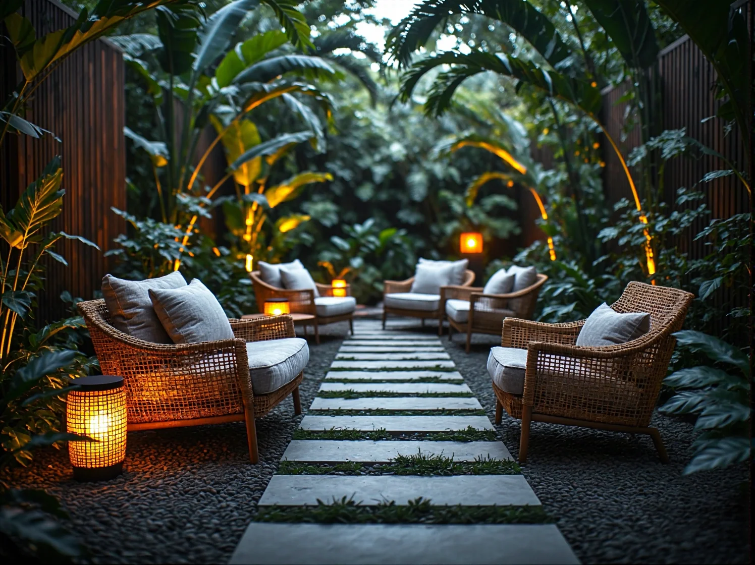 Drewniany taras w tropikalnym ogrodzie udekorowany girlandami świetlnymi LED