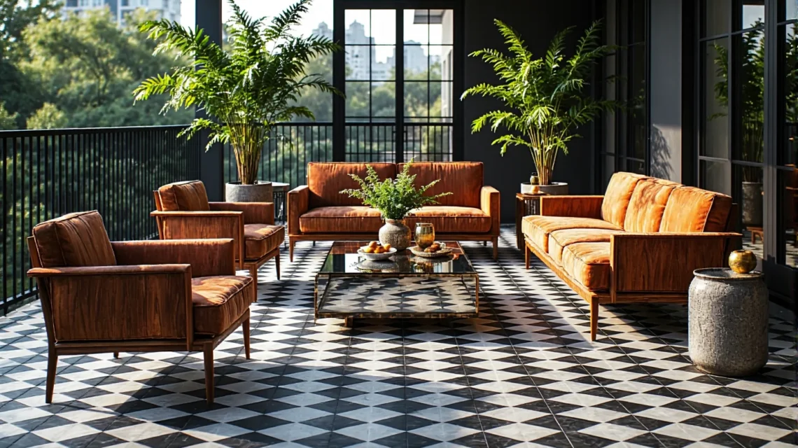 Zestaw wypoczynkowy w kolorze koniakowym z aksamitną sofą i fotelami