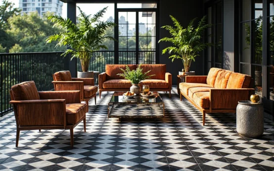 Zestaw wypoczynkowy w kolorze koniakowym z aksamitną sofą i fotelami