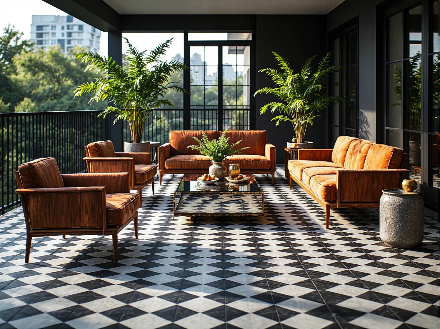 Zestaw wypoczynkowy w kolorze koniakowym z aksamitną sofą i fotelami