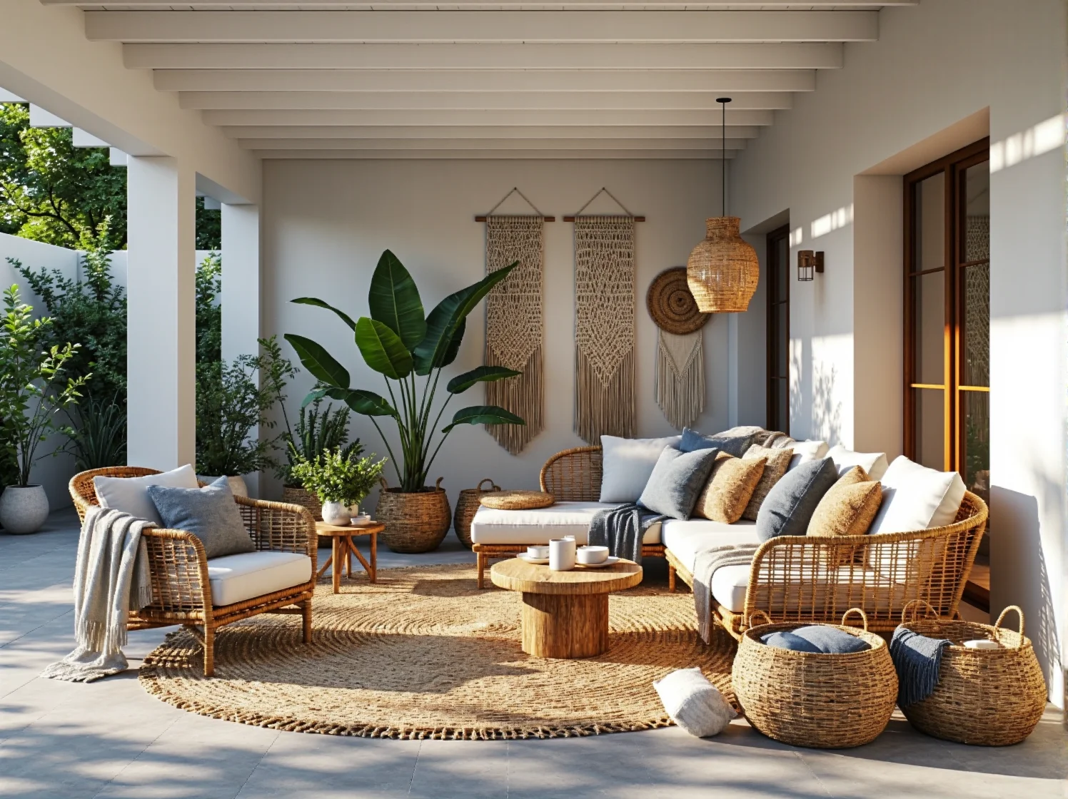 Rattanowy zestaw wypoczynkowy ogrodowy z białymi poduszkami i stolikiem