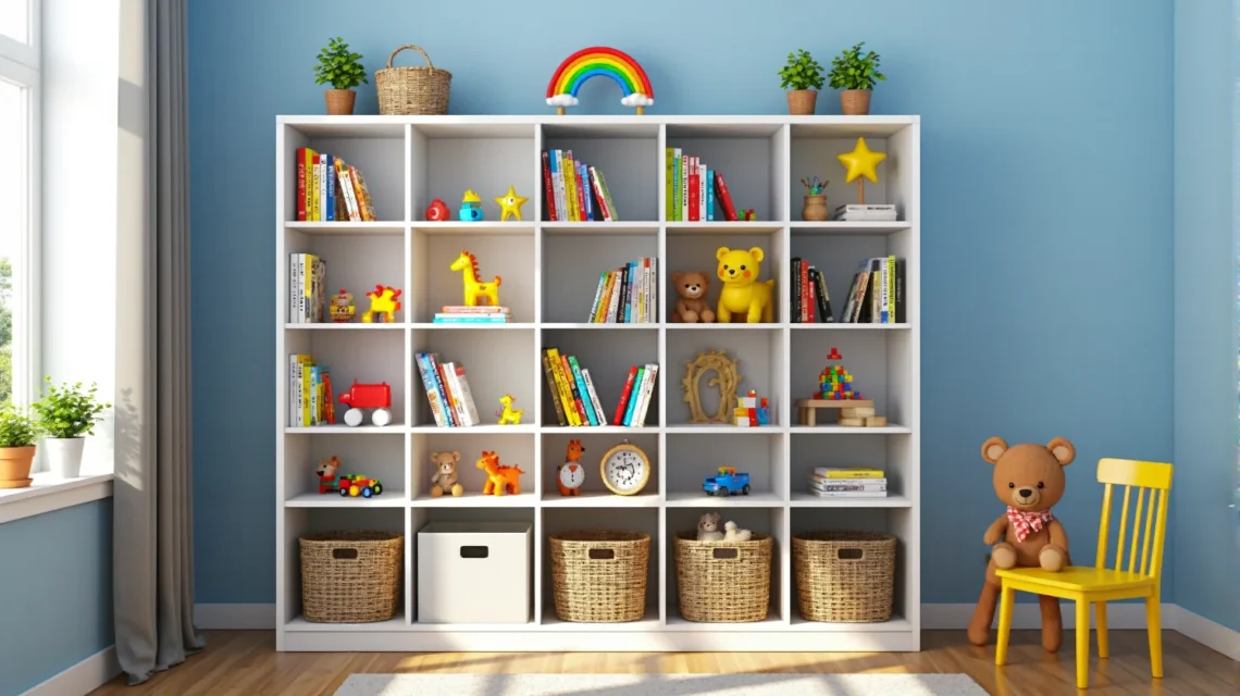 Biały regał dziecięcy z dwudziestoma przegródkami na książki i zabawki