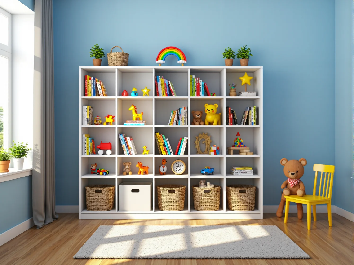 Biały regał dziecięcy z dwudziestoma przegródkami na książki i zabawki
