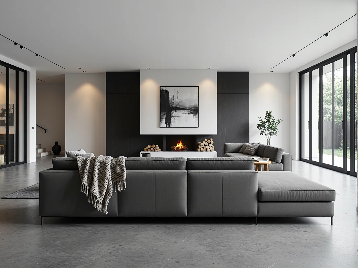 Welurowy narożnik butelkowa zieleń w przytulnym salonie z palącym się kominkiem.