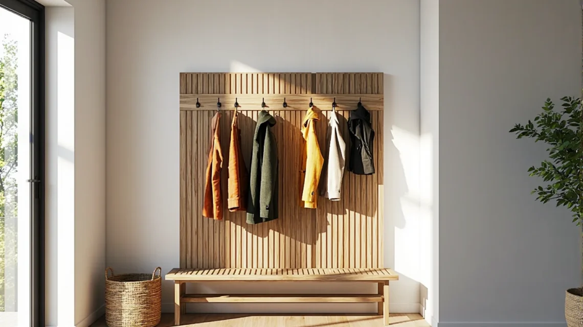 Drewniany wieszak ścienny z listew z ławką i haczykami