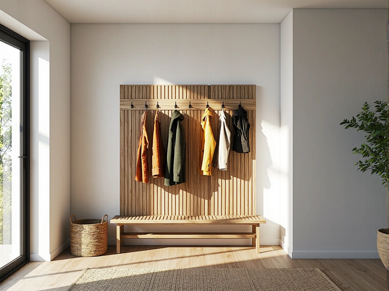 Drewniany wieszak ścienny z listew z ławką i haczykami