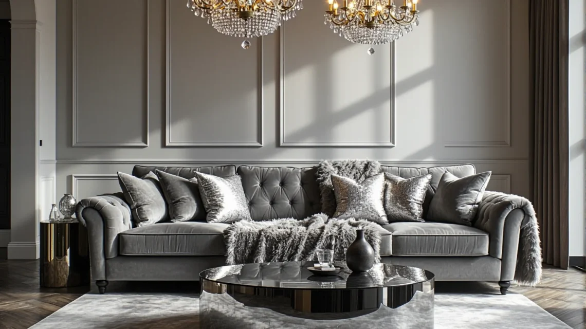 Elegancka sofa welurowa szara z pikowanym oparciem w stylu glamour