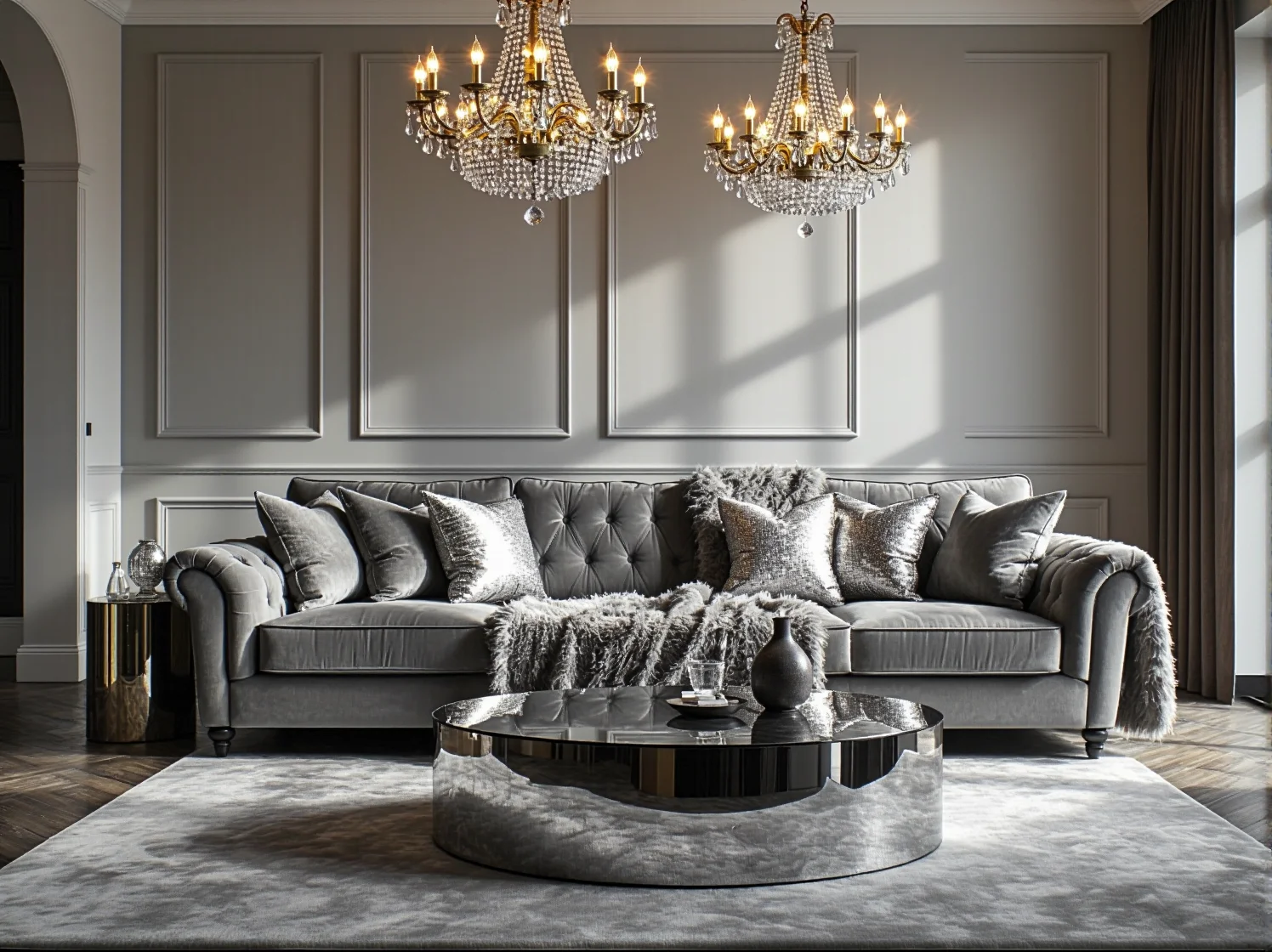 Elegancka sofa welurowa szara z pikowanym oparciem w stylu glamour