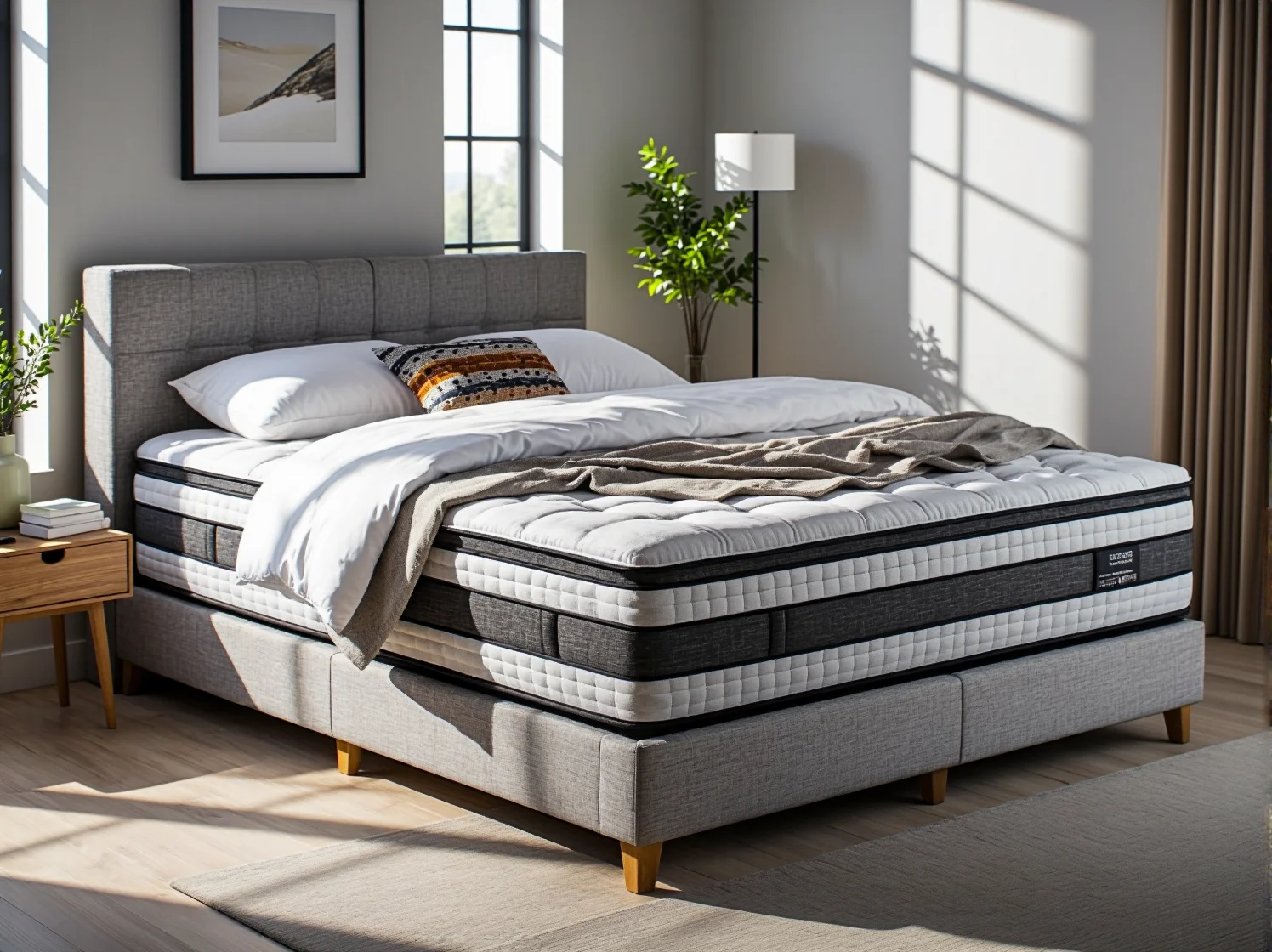 Wysokie łóżko kontynentalne gwarantujące wygodę snu i luksusowy wygląd.