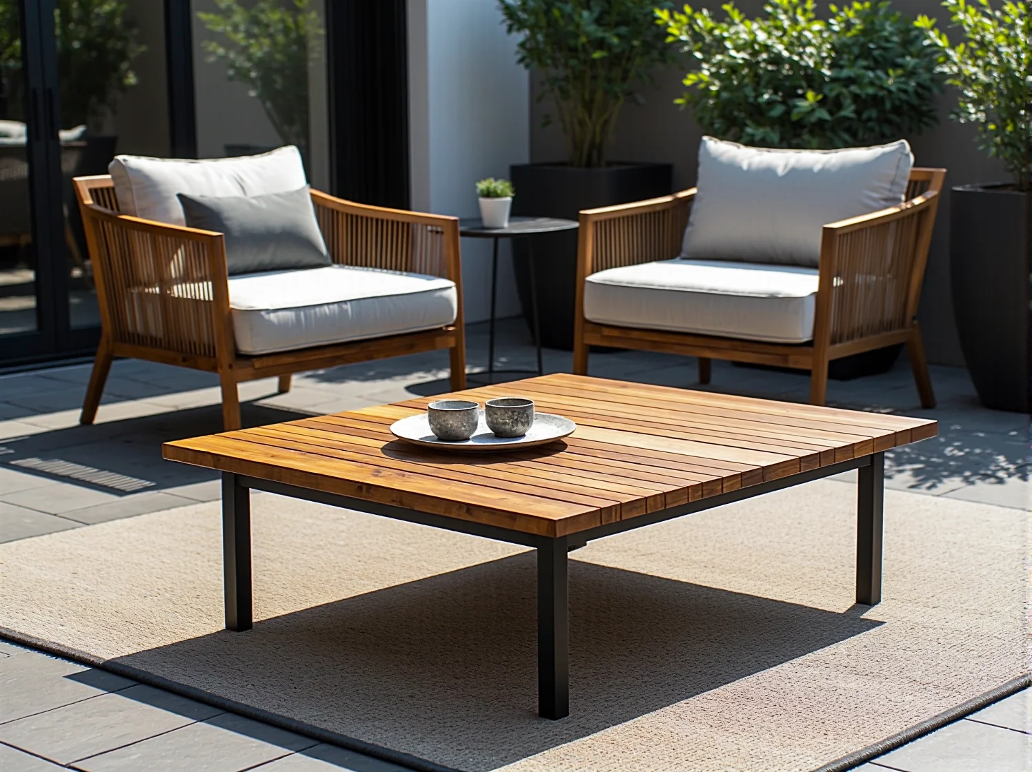 Funkcjonalne wyposażenie ogródka gastronomicznego ze stylowymi stołami i krzesłami.