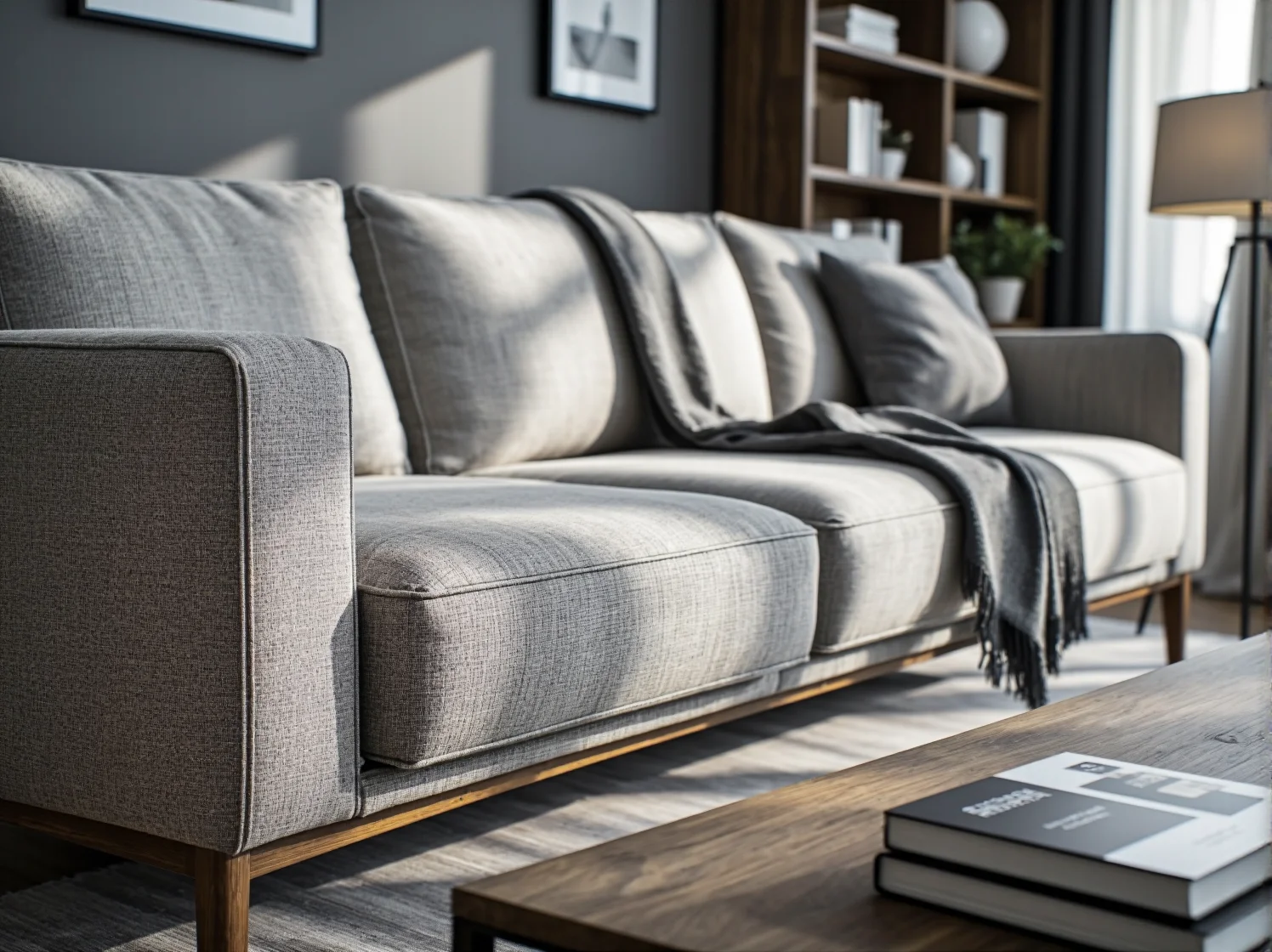 Zbliżenie na fakturę wytrzymałego materiału żakardowego i plecionki na oparciu kanapy.