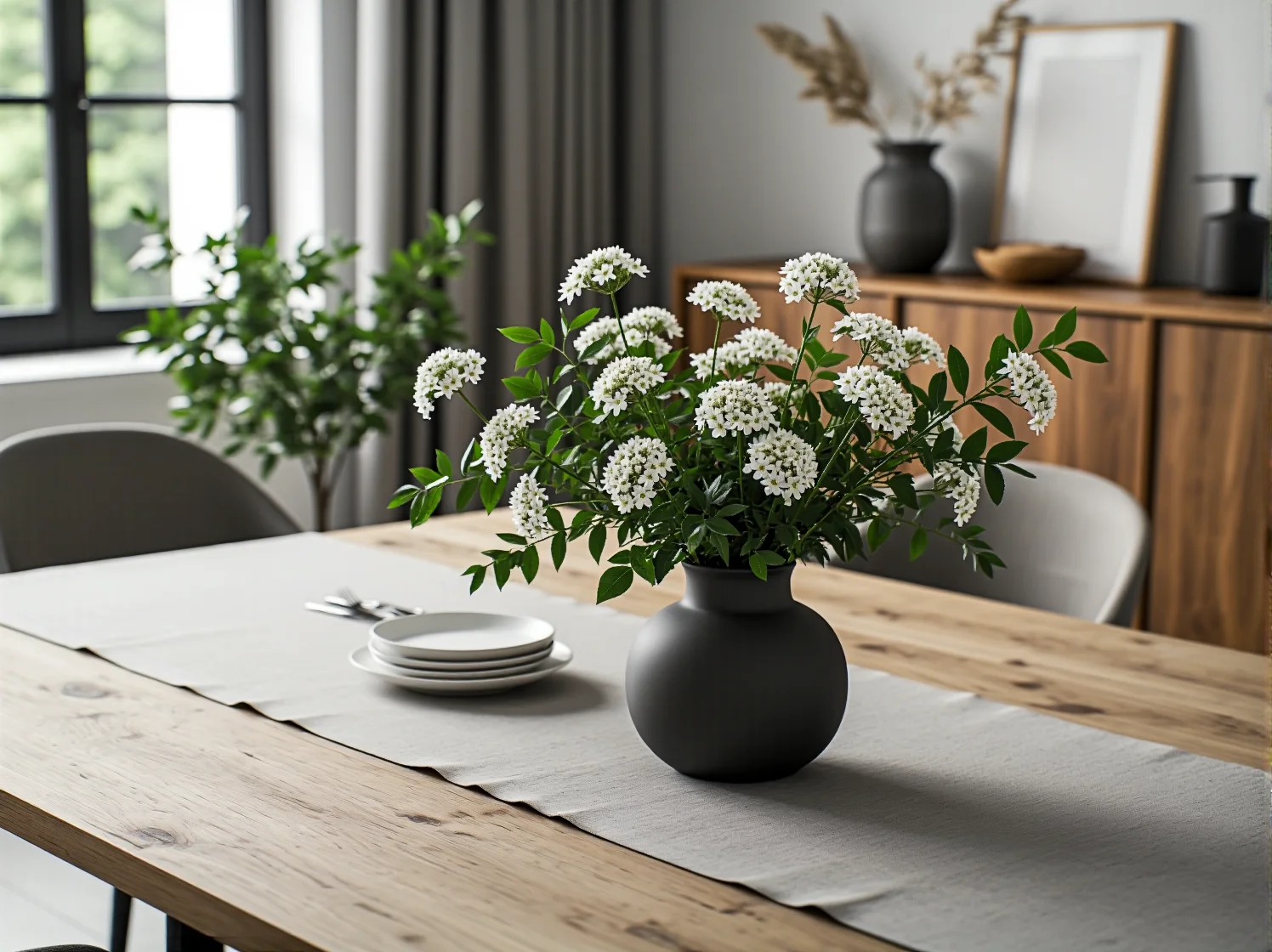 Minimalistyczny zestaw jadalniany w stylu Japandi z drewnem