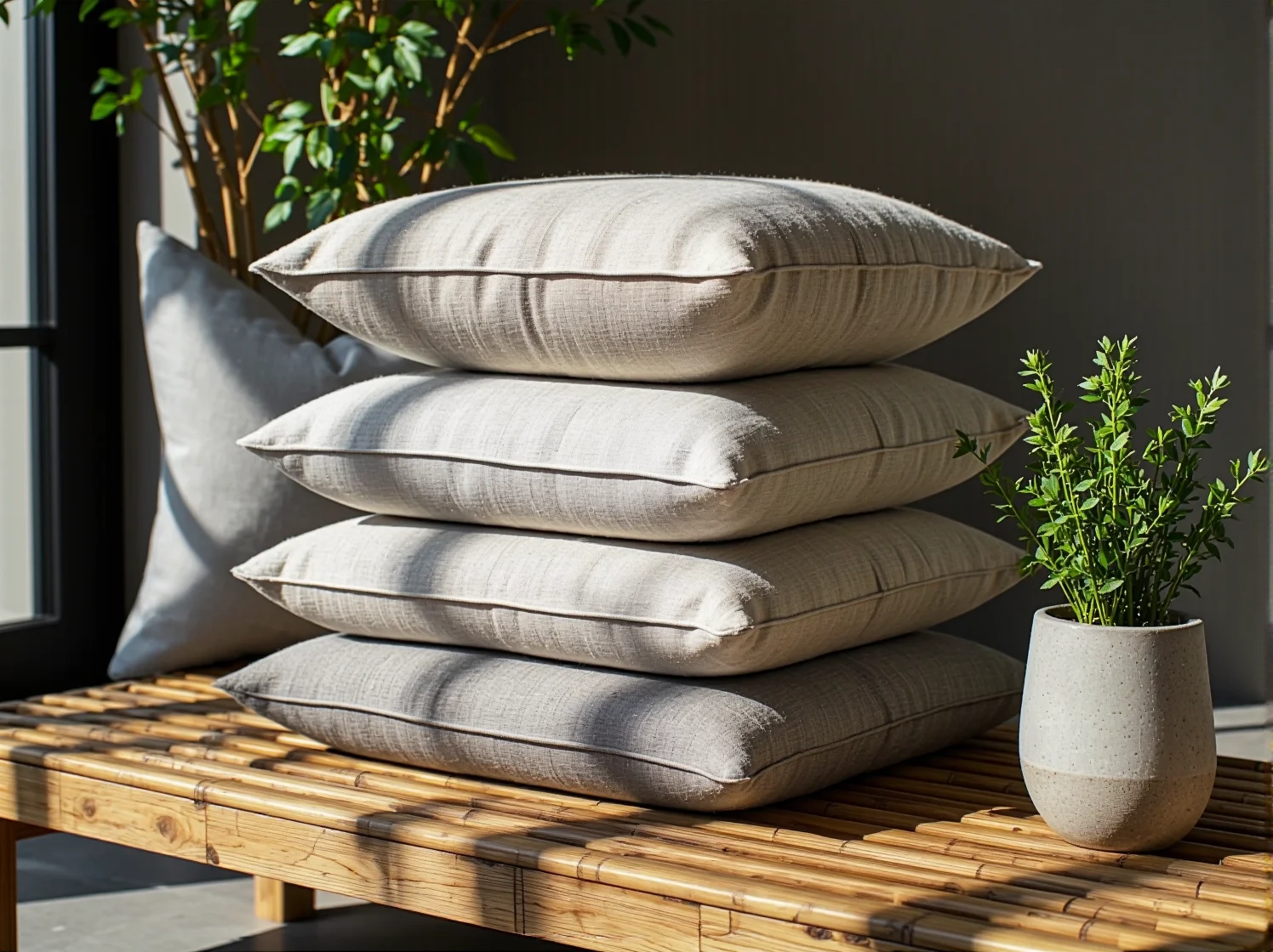 Zestaw wypoczynkowy z naturalnego rattanu na słonecznym tarasie w stylu boho